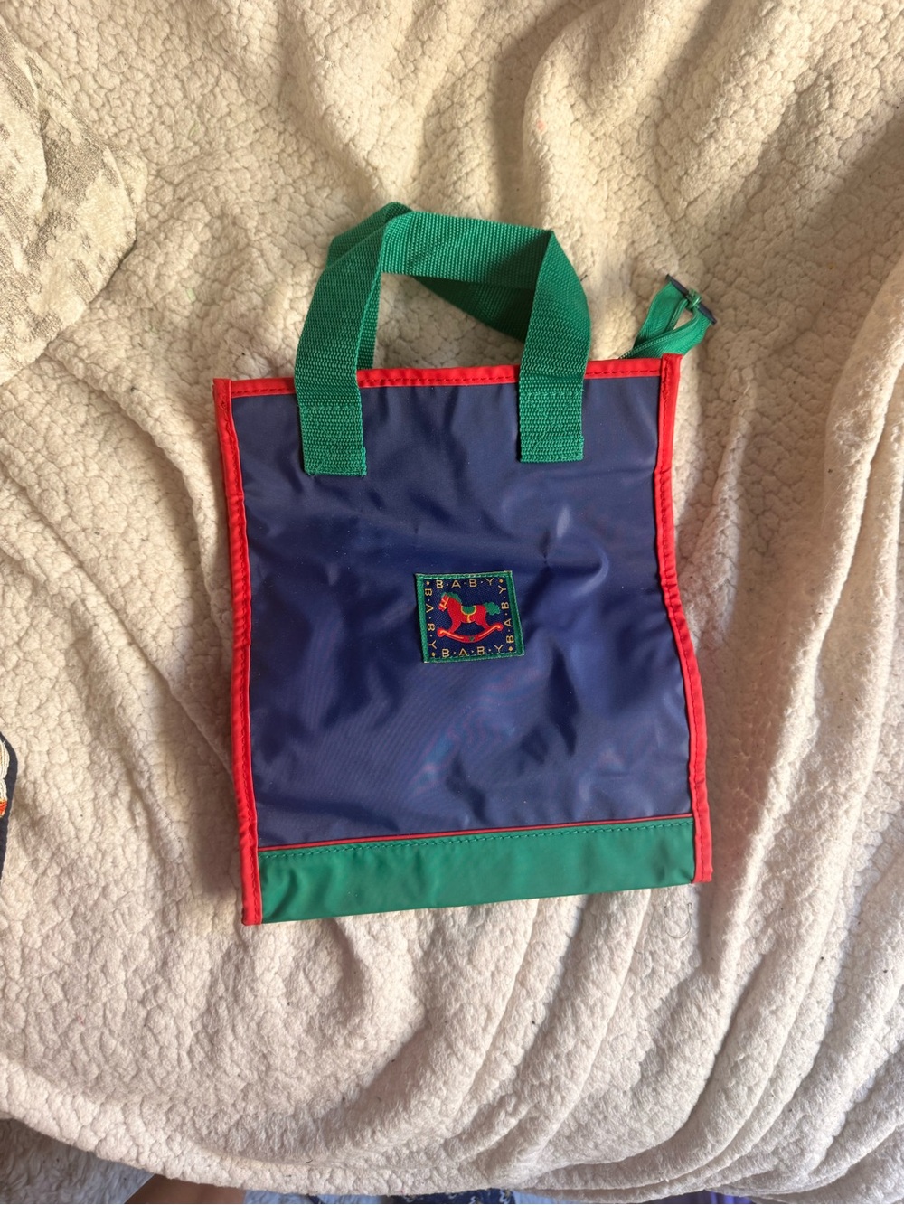 Vintage 90s Navy Baby Kid Tote with Green Handles and Red Trim